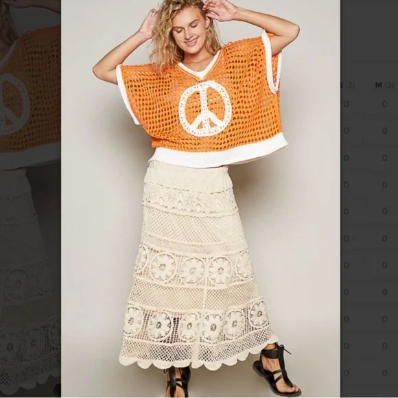 POL Dreamsicle Open Weave Crochet Peace Sign Sweater Size Small - Picture 9 of 14